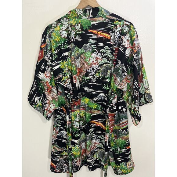 Japanese Made Washable Rayon Kimono L Artsy Maximalist Travel Scenic Boho Ukiyoe - Picture 1 of 12